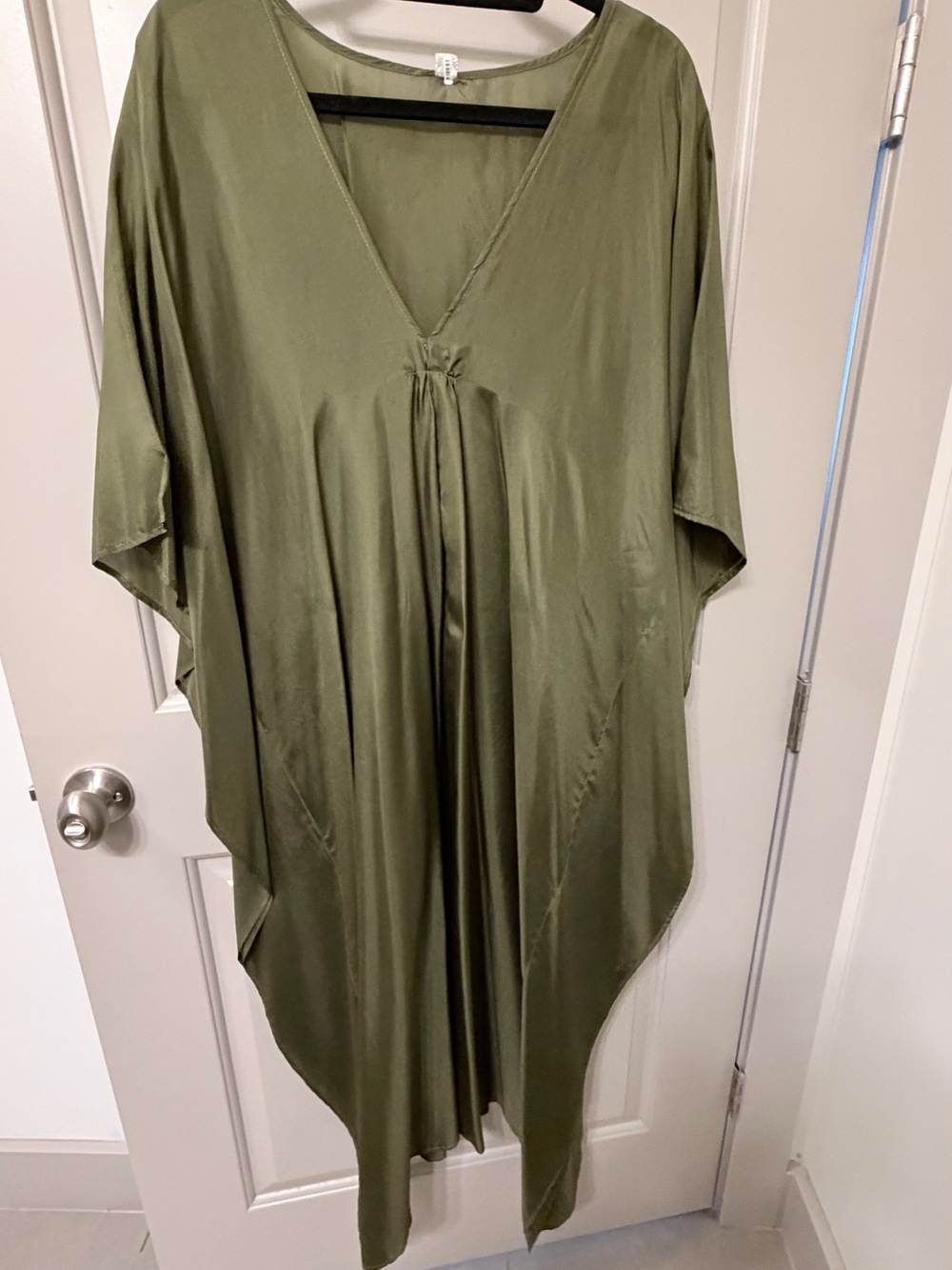 Olive Green V-Neck Satin Caftan